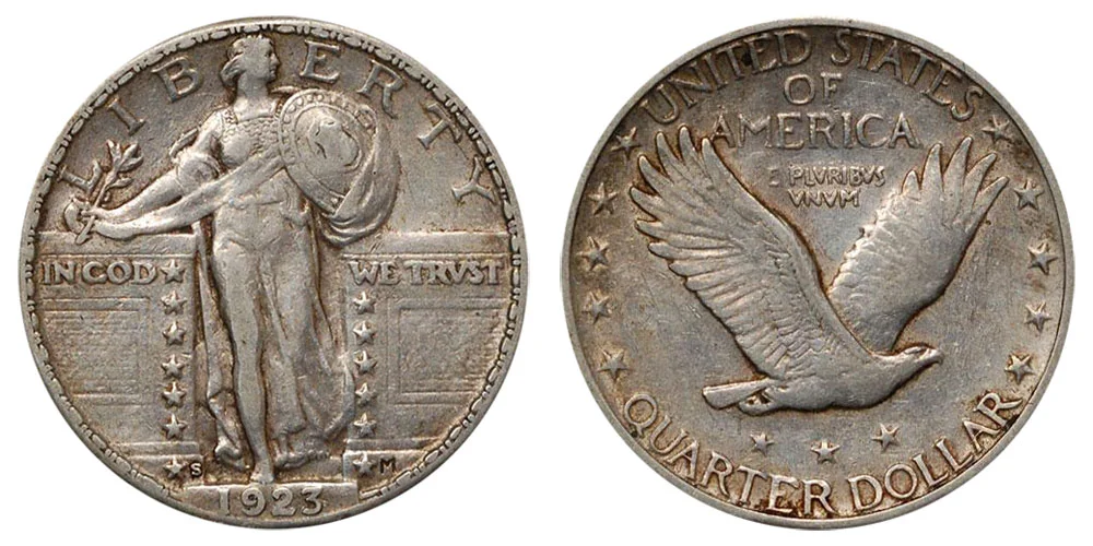 Side-by-side comparison of 1923 Philadelphia quarter (no mint mark) versus 1923-S San Francisco quarter showing the S mint mark location