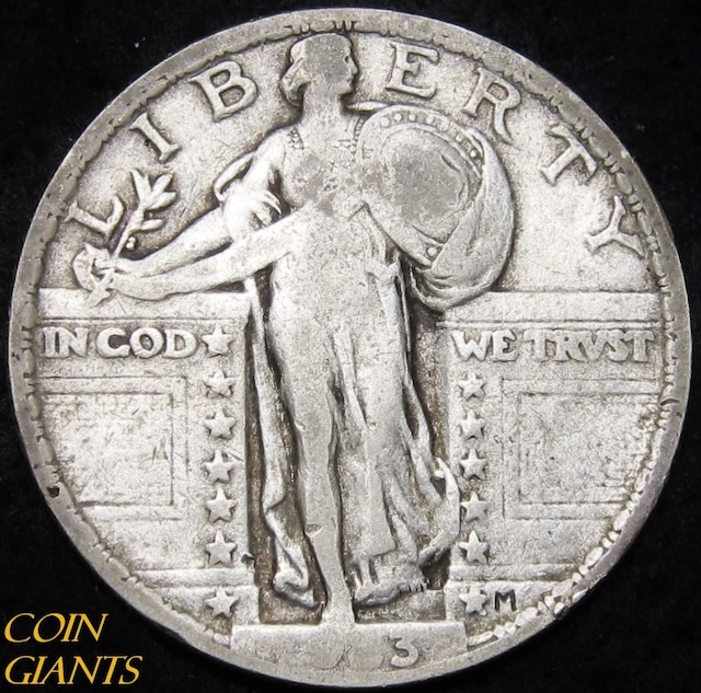 Close-up macro view of 1923 Standing Liberty Quarter date area showing potential doubled die doubling on the numerals