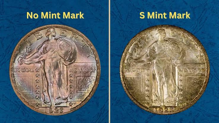 Historical view of the 1920s US Mint facility and a spread of 1923 Standing Liberty quarters in various grades