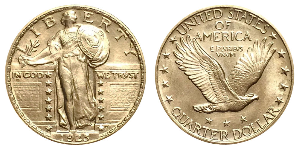 1923 Standing Liberty Quarter grading strip showing four condition levels from Good to Mint State side by side